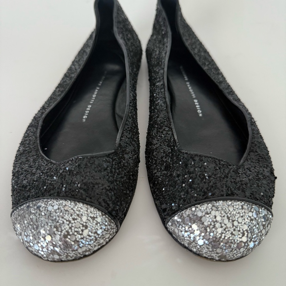 Giuseppe Zanotti Black Glitter Flats with Silver Glitter Cap Toe Accents